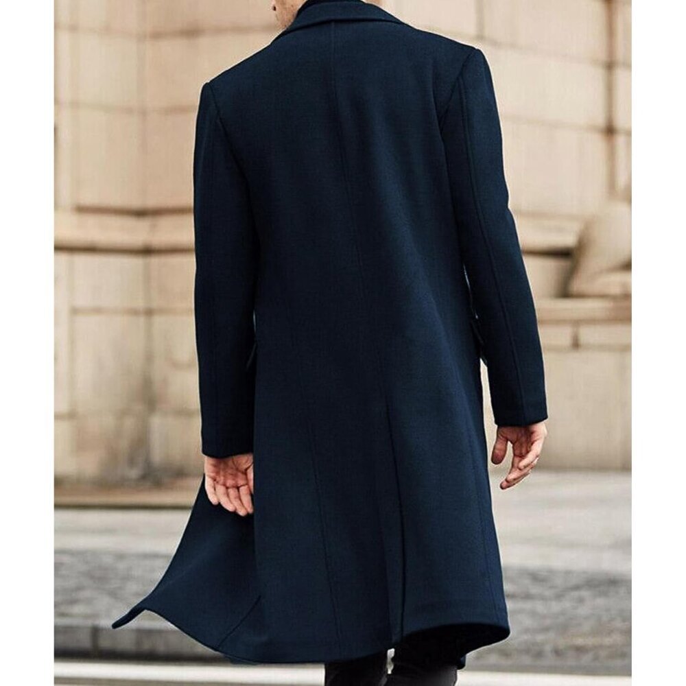 Men's  Dark Blue Slim Fit Notched Collar Long Casual Trench Coat with Pocket - Picture 5 of 6